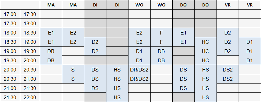Trainingstijden voorjaar 2016
