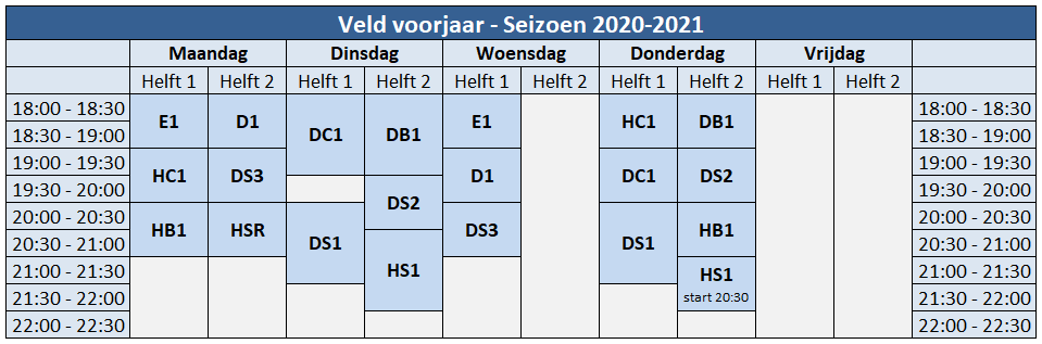 Trainingstijden seizoen 2020-2021 veld najaar