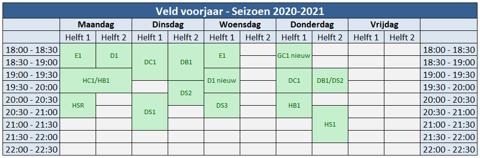 Trainingsschema voorjaar 2020-2021