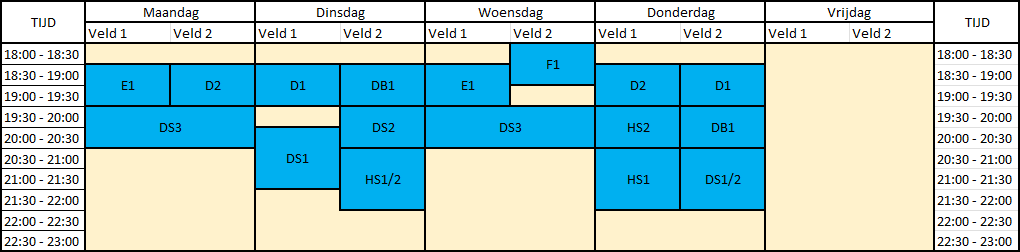 Trainingstijden veld 2022-2023
