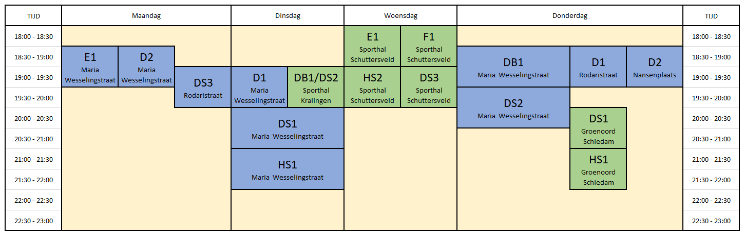 Trainingstijden zaal 2022-2023
